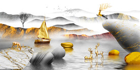 石来运转麋鹿山水晶瓷画装饰画