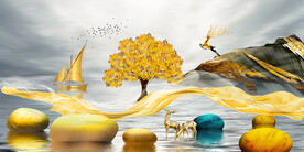 石来运转麋鹿山水晶瓷画装饰画