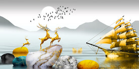 石来运转麋鹿山水晶瓷画装饰画