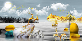 石来运转麋鹿山水晶瓷画装饰画