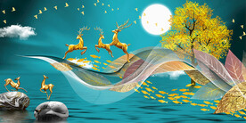 石来运转麋鹿山水晶瓷画装饰画