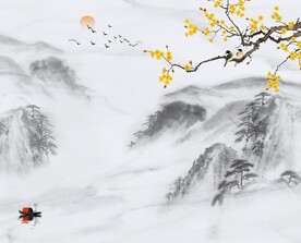 新中式花鸟梅花山水爵士白背景墙