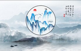 手绘新中式意境山水背景墙