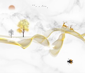 新中式抽象山水线条爵士白背景墙