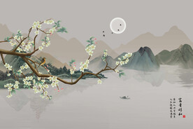 新中式手绘玉兰花鸟电视背景墙