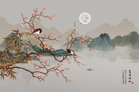 新中式工笔花鸟山水电视背景墙