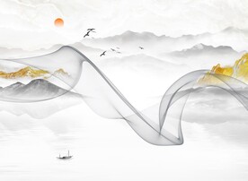 新中式意境飘带水墨电视背景墙