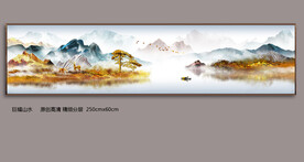 金色山水麋鹿迎客松装饰画