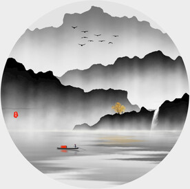新中式圆形水墨山水画装饰画