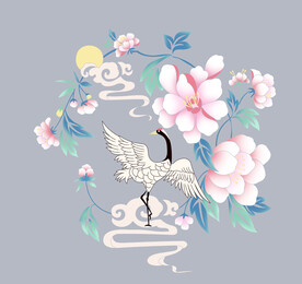 仙鹤花卉图