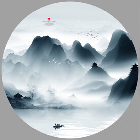 圆形水墨山水画
