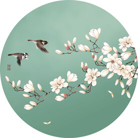新中式工笔画玉兰花鸟圆形装饰画