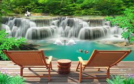 流水生财风景壁画电视背景墙