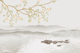 工笔花鸟水墨山水鸟鸣涧中式壁画
