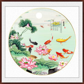 国画荷花九鱼图 锦鲤荷花图