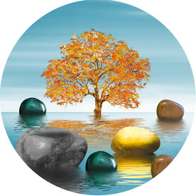 湖畔大树鹅卵石圆形挂画装饰画