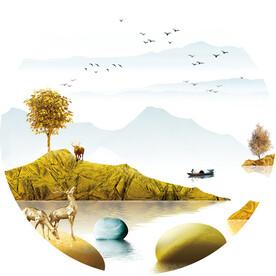湖畔山脉麋鹿圆形挂画装饰画