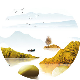 水墨湖畔山脉圆形挂画装饰画