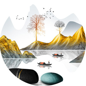 水墨湖畔山脉圆形挂画装饰画