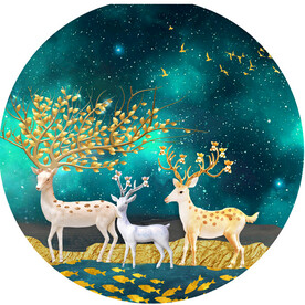 湖畔游鱼麋鹿圆形挂画装饰画