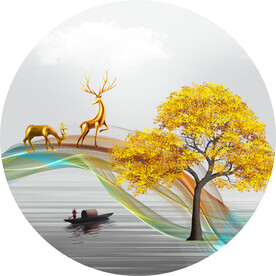 发财树麋鹿湖畔圆形挂画装饰画