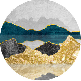 湖畔山脉水墨圆形挂画装饰画