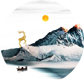 麋鹿山脉湖畔圆形挂画装饰画