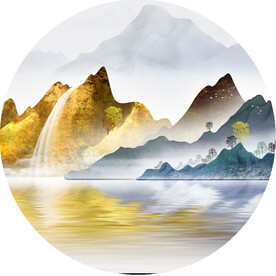 水墨山脉湖畔圆形挂画装饰画