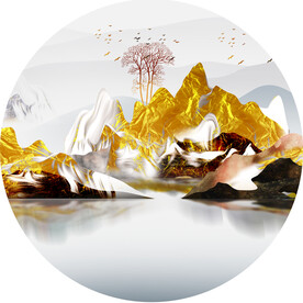 水墨湖畔山脉圆形挂画装饰画