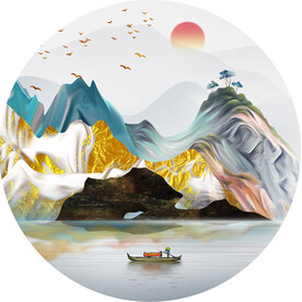 水墨山脉湖畔圆形挂画装饰画