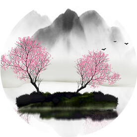 水彩树山脉湖畔圆形挂画装饰画