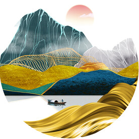 水彩山脉湖畔圆形挂画装饰画