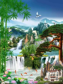 流水生财迎客松山水玄关