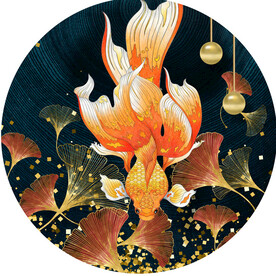 游鱼树叶圆形挂画装饰画
