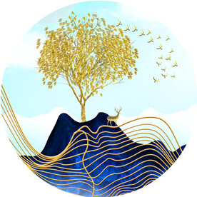 发财树飞鸟麋鹿山脉挂画装饰画