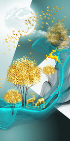 发财树麋鹿水彩艺术挂画装饰画