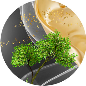 绿树飞鸟金箔绸布圆形挂画装饰画