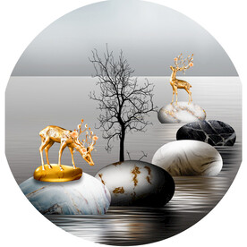 麋鹿湖畔鹅卵石圆形挂画装饰画