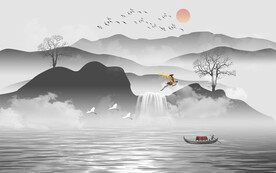水墨山水瀑布国画电视背景墙