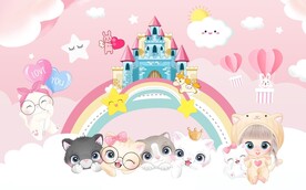 卡通小猫云朵儿童房背景墙图片