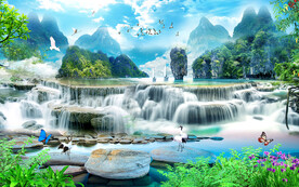 流水生财山水风景背景墙