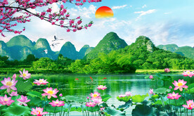 荷花山水风景画