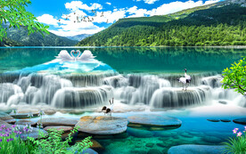 山水画瀑布山水流水生财背景墙