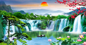 迎客松瀑布山水画