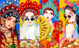 国潮美女烧烤背景墙