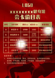 健身房会员卡价目表