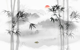 新中式水墨竹子山水背景墙