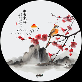 新中式禅梅花工笔花鸟圆形装饰画