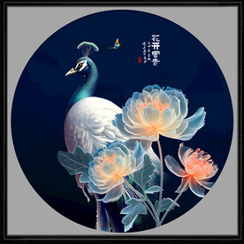 孔雀唯美圆形挂画装饰画