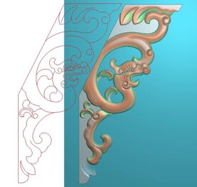 古建草龙撑弓牛腿精雕图灰度浮雕